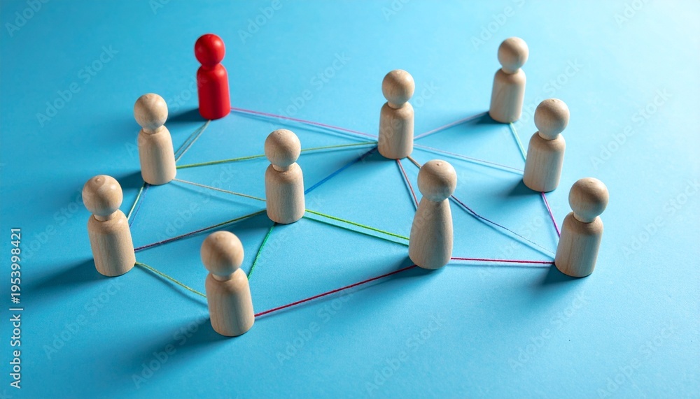 Obraz premium Conceptual leadership network visualization with wooden figures on blue surface.