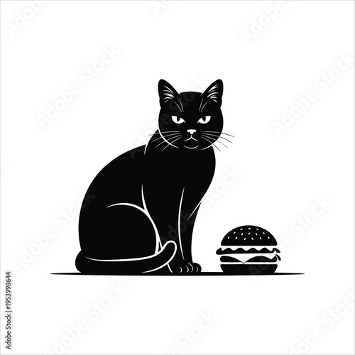 A minimalist black and white illustration of a sitting cat looking at a delicious beef burger