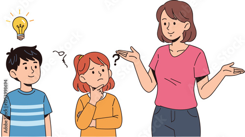Female Teacher Explaining Lesson to Students, Girl Thinking with Question Mark and Boy Having a Bright Idea with Light Bulb, Education Vector