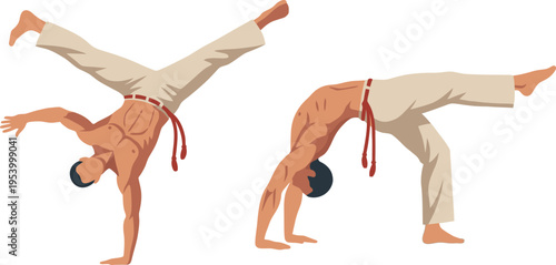 Capoeira Martial Arts Acrobat Action Poses, Brazilian Dance Fighting Vector Illustration