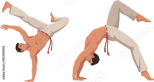 Capoeira Martial Arts Acrobat Action Poses, Brazilian Dance Fighting Vector Illustration