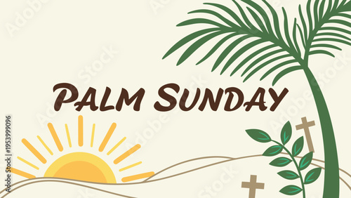 This image displays a festive palm sunday graphic with green and yellow hues, featuring stylized palm fronds and elegant calligraphy. high-quality professional detailed modern stylish