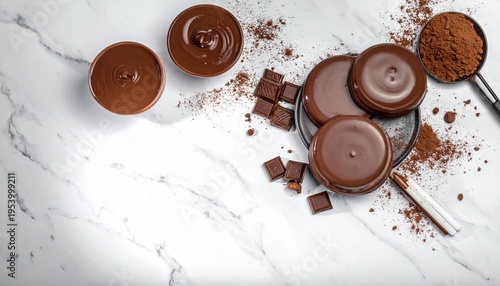 Melted dark chocolate in bowls, with cubes and cocoa powder, showcasing gourmet dessert preparation