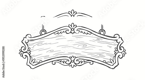 A hand-drawn illustration of an ornate, rustic wooden sign with decorative scrollwork, suspended by chains, ready for custom text.