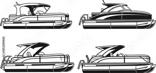 Pontoon boats and luxury motorboats silhouettes set, black and white illustration of marine leisure vessels isolated on clean background