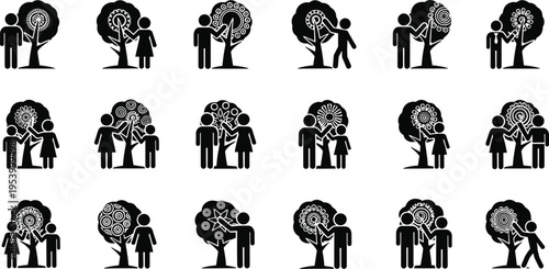 People interacting with tree icons symbolizing growth, knowledge and connection, black silhouette illustration set isolated on white background design