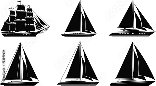 Sailing boats and yacht silhouettes set, black and white illustration of classic and modern sailboats for marine travel design