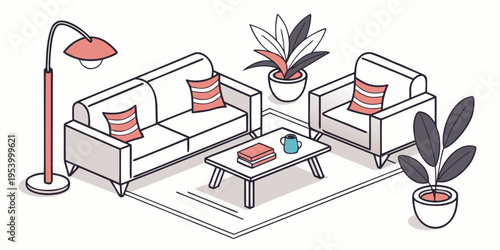 Modern living room with white furniture and red accents