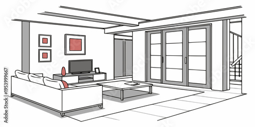 A modern living room with a television and sliding glass doors