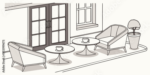 A cozy outdoor patio setting with wicker furniture and a glass table.