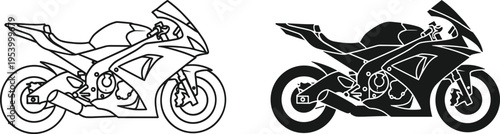 Sport motorcycle outline and silhouette set, black and white racing bike illustration showing detailed and solid design isolated background