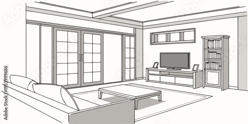 Modern living room with large windows and a cozy fireplace