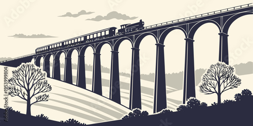 A majestic train crossing a long, historic bridge over a serene river valley