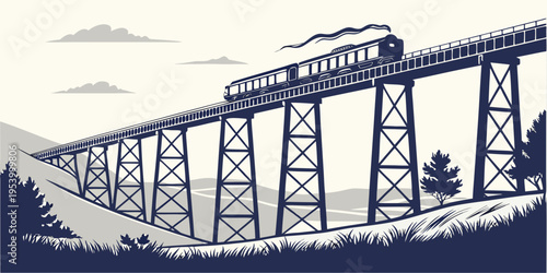 A vintage train crosses a long, elevated bridge over a forested landscape.