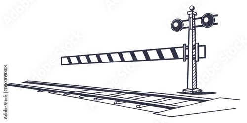 A detailed illustration of a railroad crossing gate with a barrier arm and signals