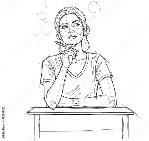 Woman sitting at desk with thoughtful expression and hand on chin in a sketch featuring thought, thinking, drawing with illustration and line art