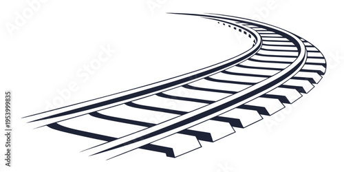 A detailed illustration of a curved railway track with sleepers and rails