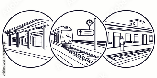 Three distinct scenes of a bustling train station with various trains and passengers