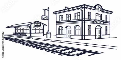 A vintage train station with a steam locomotive and a historic building