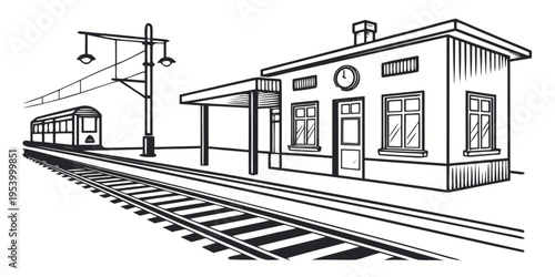 A vintage train station with a clock tower and an approaching train on the tracks