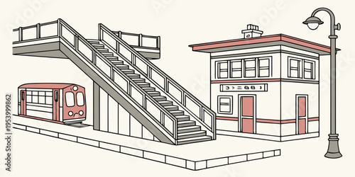 A detailed illustration of a fire station with a fire truck and firemen