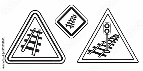 Road signs indicating railway crossing and a level crossing with a barrier