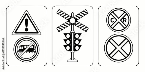 Four distinct road signs indicating caution, railway crossing, and no entry.
