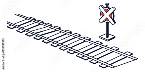 A detailed illustration of a railroad crossing with a warning sign and tracks