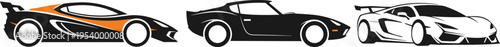 Sports car silhouettes set with modern and classic supercars, black and white illustration of high performance vehicles isolated design
