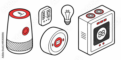 Assorted smart home devices including a speaker, light bulb, and sensors.