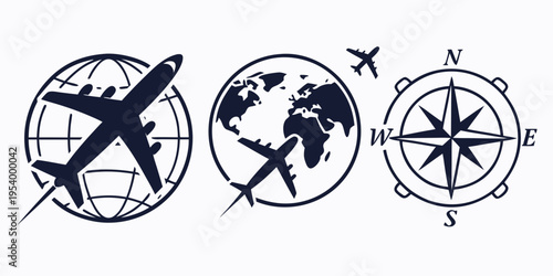 Global travel and navigation with compass and airplane symbols on world map