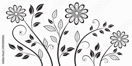 Elegant black and white floral illustration with intricate details and delicate leaves