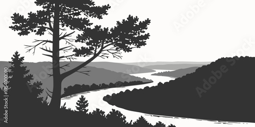 A serene landscape with a solitary tree overlooking a winding river and distant mountains