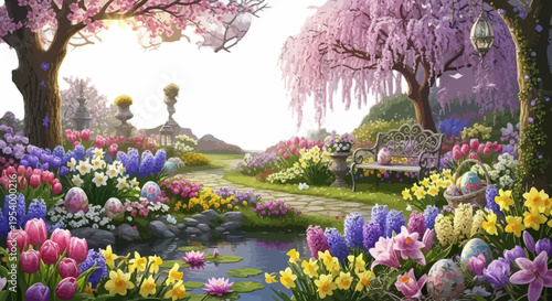 Vector illustration of vibrant spring garden with blooming flowers and trees