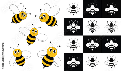 Cute cartoon bee characters and monochrome tiling patterns for children design projects and textile prints