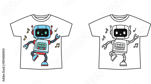 Cute dancing robot t-shirt design template, colored and black and white line art vector illustration for kids apparel and coloring books