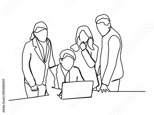 One line art of young happy male and female business owner do conference about work together with computer monitor.