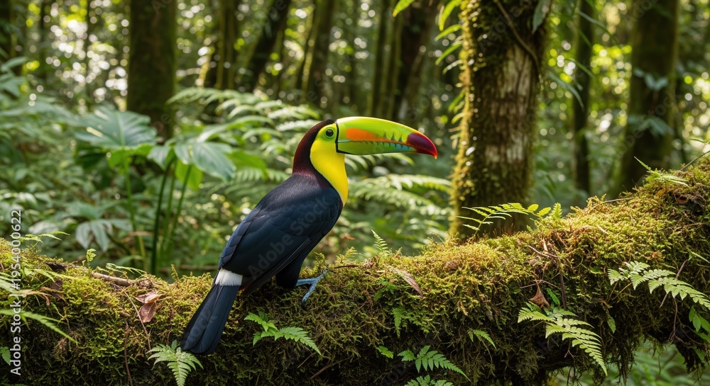 Fototapeta premium A colorful toucan with a striking yellow and red beak perches on a moss-covered branch in a lush tropical forest. Dark plumage with white markings stands out against dense green jungle vegetation.