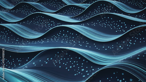 Digital art background featuring glowing blue wavy lines and dots at night