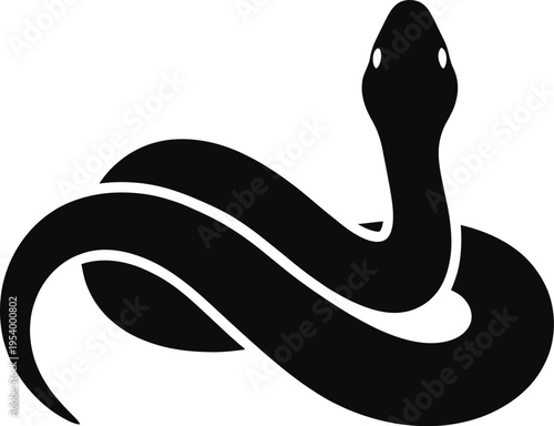 A black snake silhouette with white eyes on a white background coiled and poised in a threatening or alert position