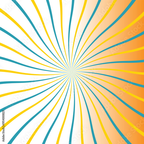 Abstract sunburst background with swirling teal and yellow lines on a soft orange gradient base Vector