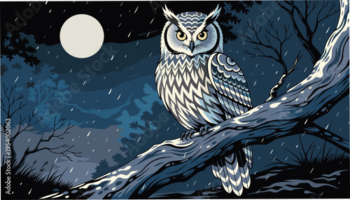 Intelligent Owl Perched on a Branch, Rendered with Nighttime Ambiance