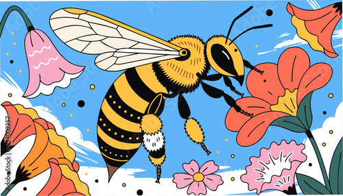 Busy bee collecting nectar from a flower illustration