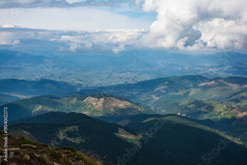 View of the mountains from the peak of Mount Hoverla. Ukraine, Carpathian Biosphere Reserve, Carpathian Mountains. Carpathian Mountains in Ukraine.