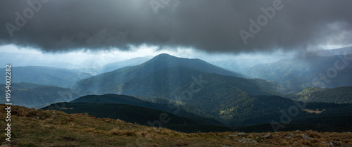 View of the mountains from the peak of Mount Hoverla. Ukraine, Carpathian Biosphere Reserve, Carpathian Mountains. Carpathian Mountains in Ukraine.