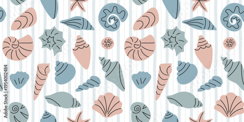 Coastal wallpaper design. Seashell ornament pattern. Cute doodle shell seamless background. Great for wallpaper, package, home interior, ocean themed design, scrapbook paper, cover, textile print