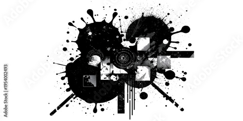Abstract black ink splat and grunge paint splatter texture on a dirty vector background illustration featuring artistic drips, spray spots, and liquid stains for a dark silhouette design element