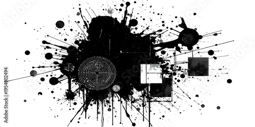 Dirty black ink splashes and paint splatters create a gritty abstract grunge vector texture with spray stains and graffiti brush drips on a weathered artistic design element
