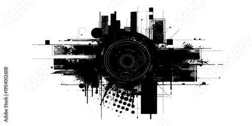 Abstract urban grunge background with circular shapes featuring a retro vector design of city silhouettes and speaker elements for a dirty rock music party banner illustration