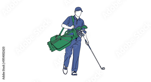 Man carrying green golf bag clubs.